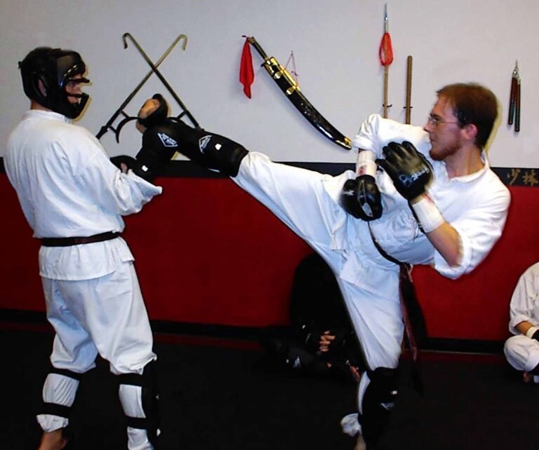 Shaolin Kung Fu Sparring Match with Protective Gear